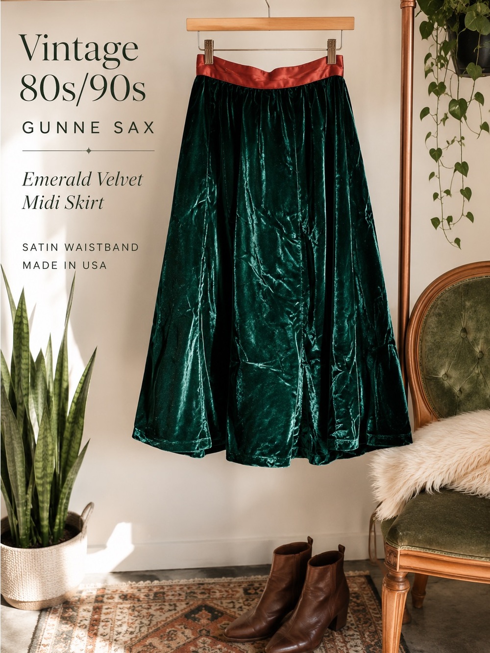 Gunne Sax Vintage 80s 90s Emerald Velvet Midi Skirt Satin Waist USA